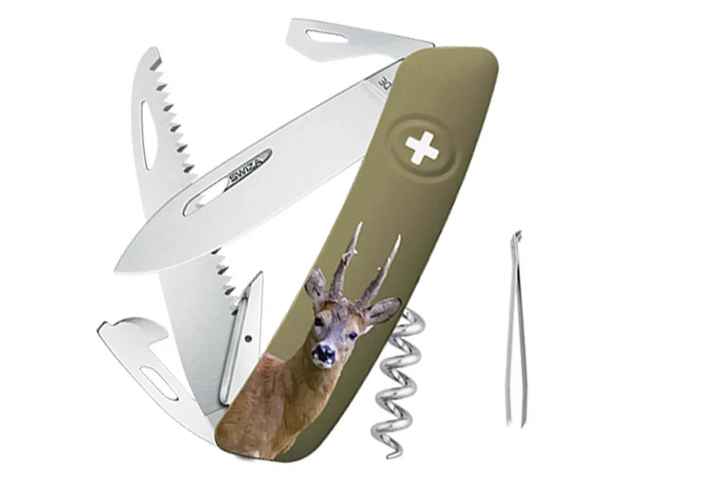 Couteau multifonction SWIZA D05 olive chevreuil 12 fonctions 95mm