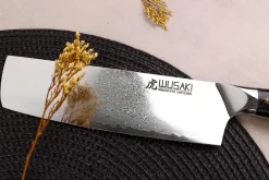 Couteau nakiri Wusaki Sakin Damas 10Cr 17cm manche en fibre de carbone et feuille d'or