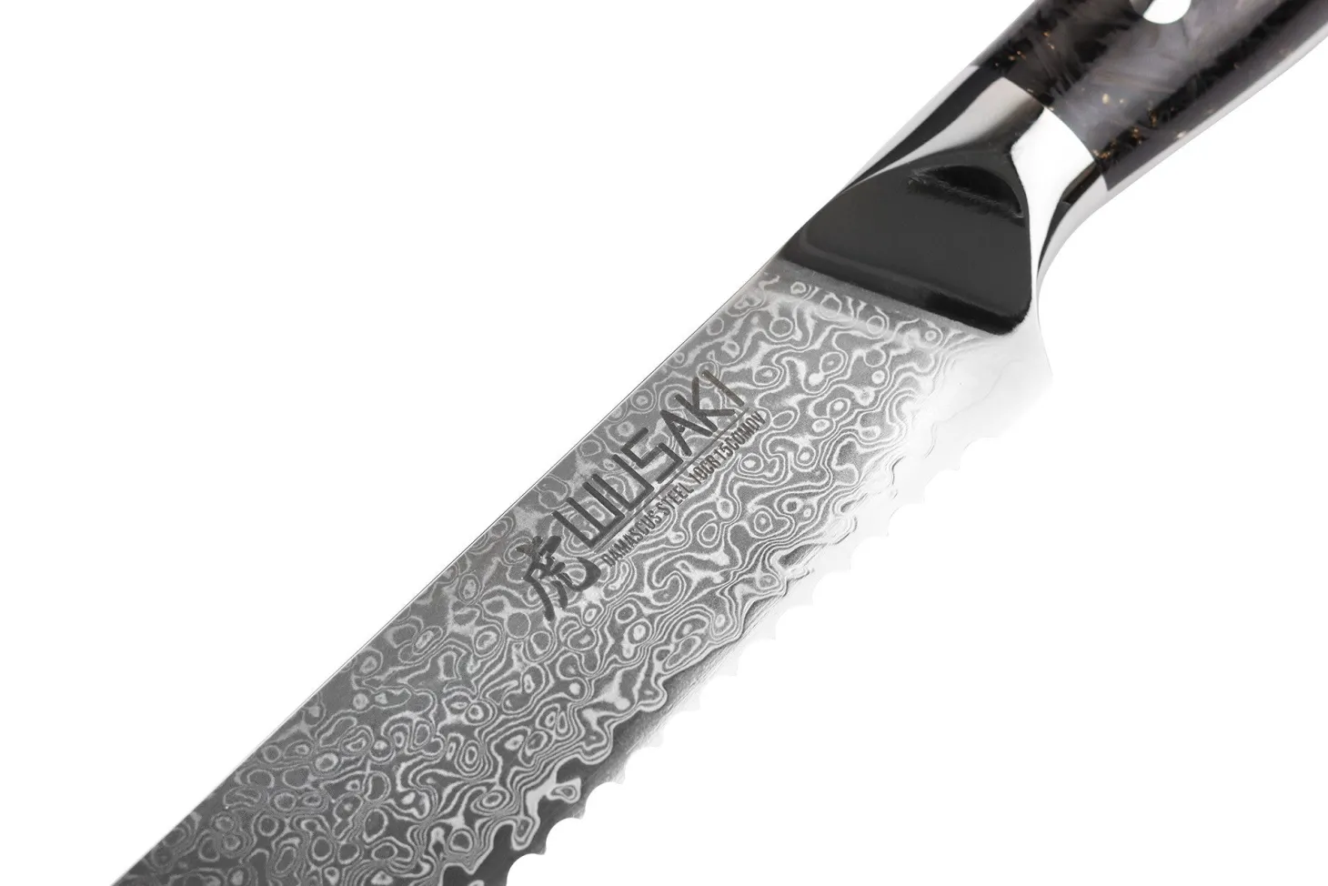 Couteau à pain Wusaki Sakin Damas 10Cr 20cm manche en fibre de carbone et feuille d'or