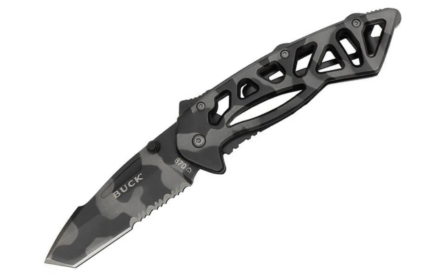 Couteau pliant BUCK BONES n°870CMX semi-dentelé camouflage 11,5cm