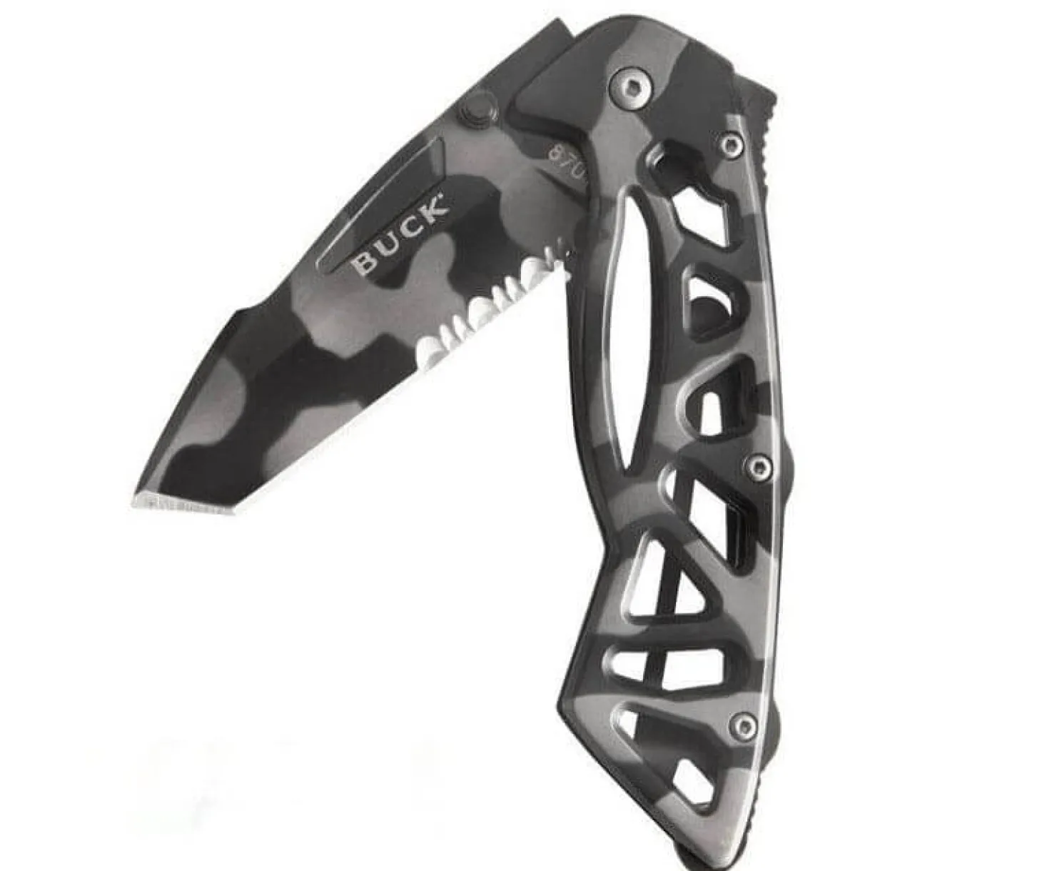 Couteau pliant BUCK BONES n°870CMX semi-dentelé camouflage 11,5cm