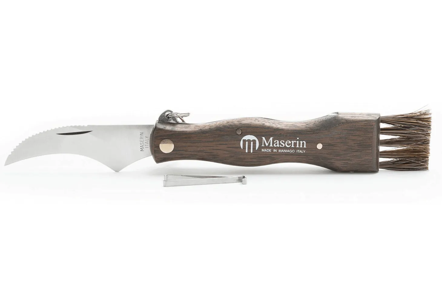 Couteau pliant à champignons Maserin manche noyer 11cm + brosse intégrée