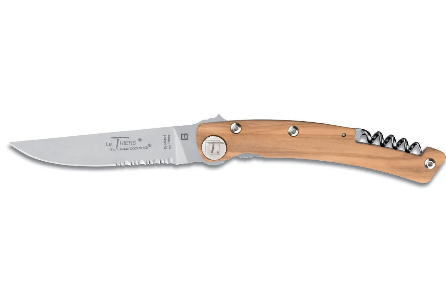Couteau pliant denté Le Thiers Liner Lock Claude Dozorme olivier 12,5cm