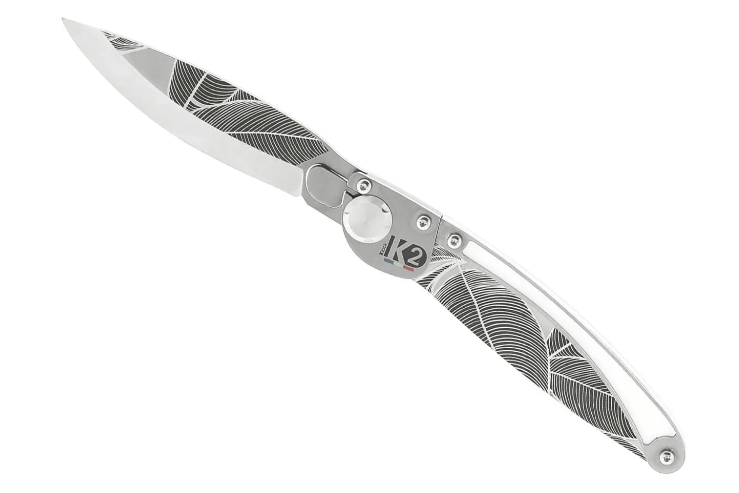 Couteau pliant K2 Elegance K2.19M manche inox décor tropical 11,5cm + étui suédine