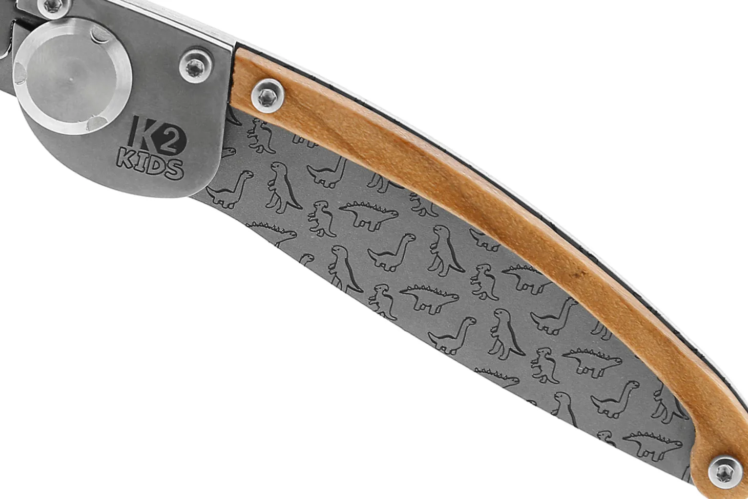 Couteau pliant K2 Kids 812172 manche inox décor dinosaures 9,5cm + étui suédine