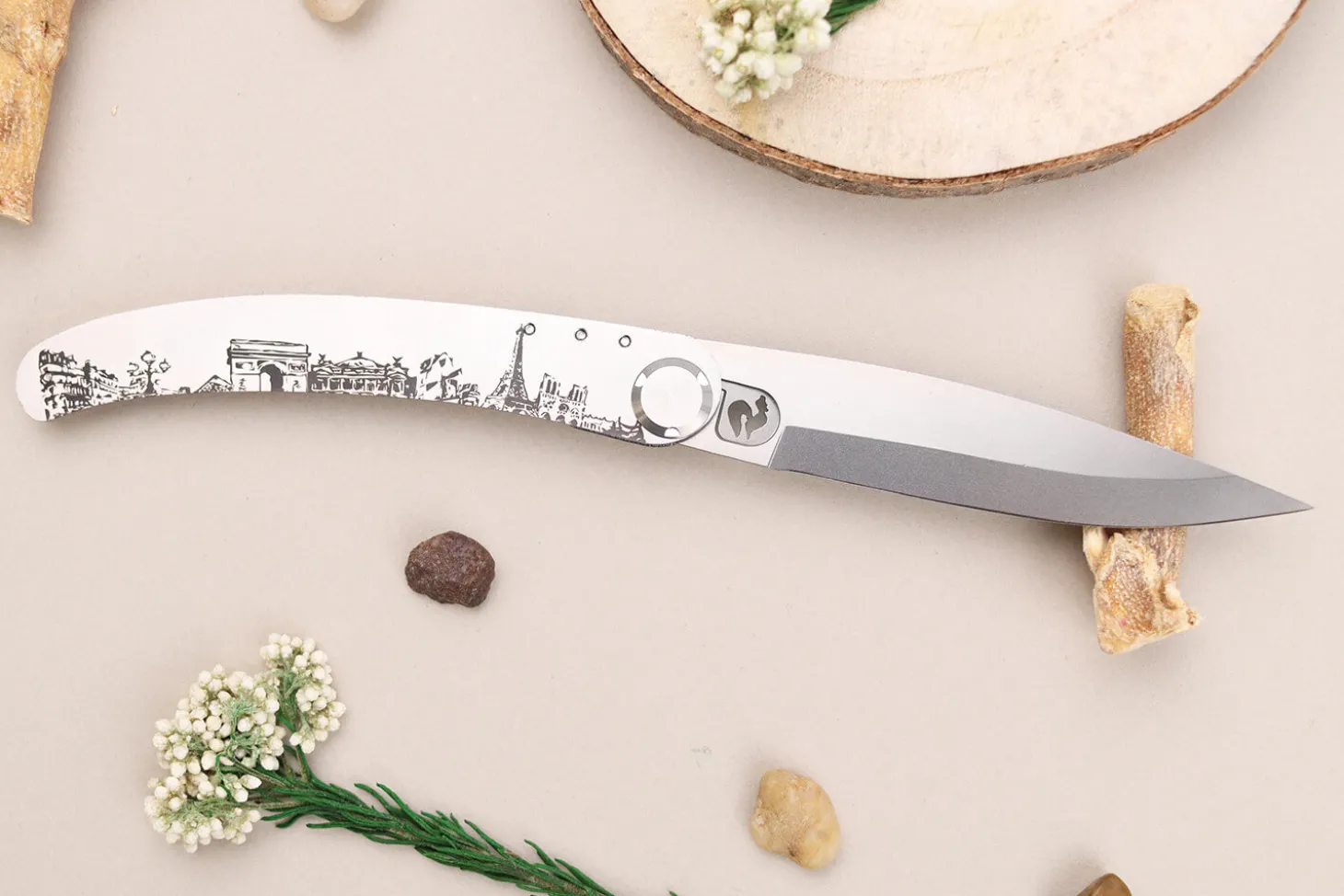 Couteau pliant Le Coq Français Paris artisanal manche bois d'olivier 11,5cm + étui