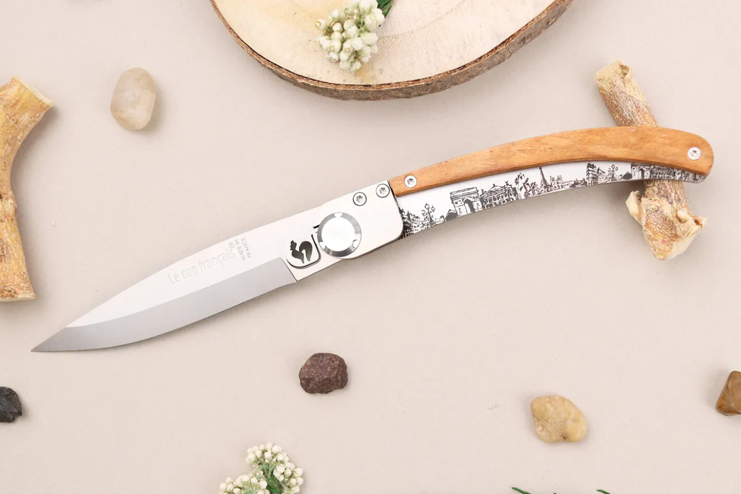 Couteau pliant Le Coq Français Paris artisanal manche bois d'olivier 11,5cm + étui