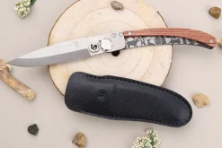 Couteau pliant Le Coq Français Forêt artisanal manche bois de violette 11,5cm + étui