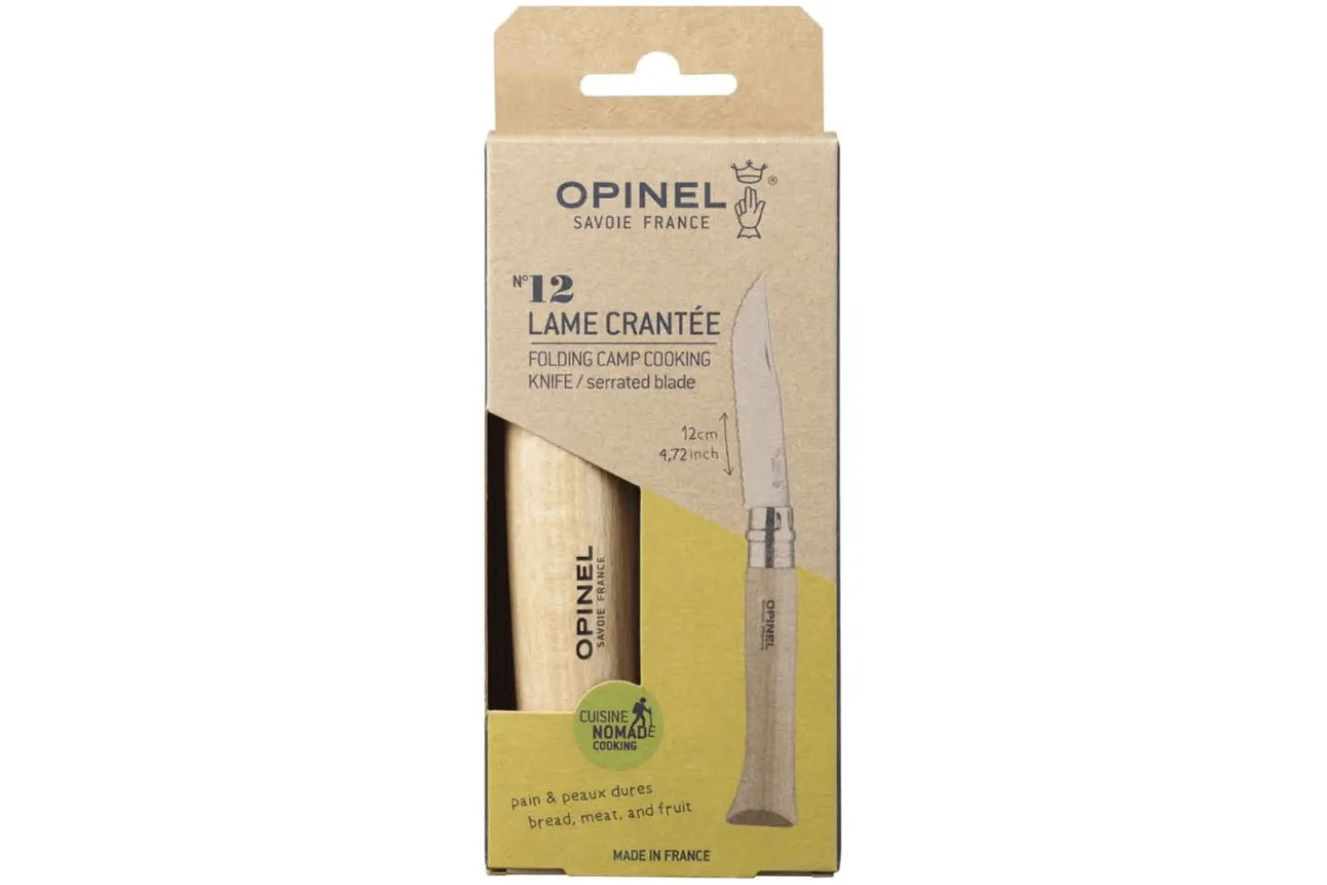 Couteau pliant Opinel n°12 lame crantée 12cm manche hêtre