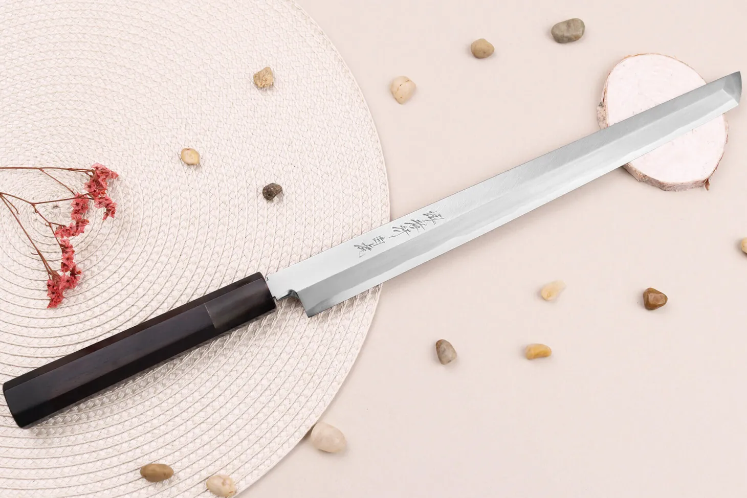 Couteau sakimaru takohiki japonais artisanal 30cm Sakai Takayuki Byakko manche en ébène + étui