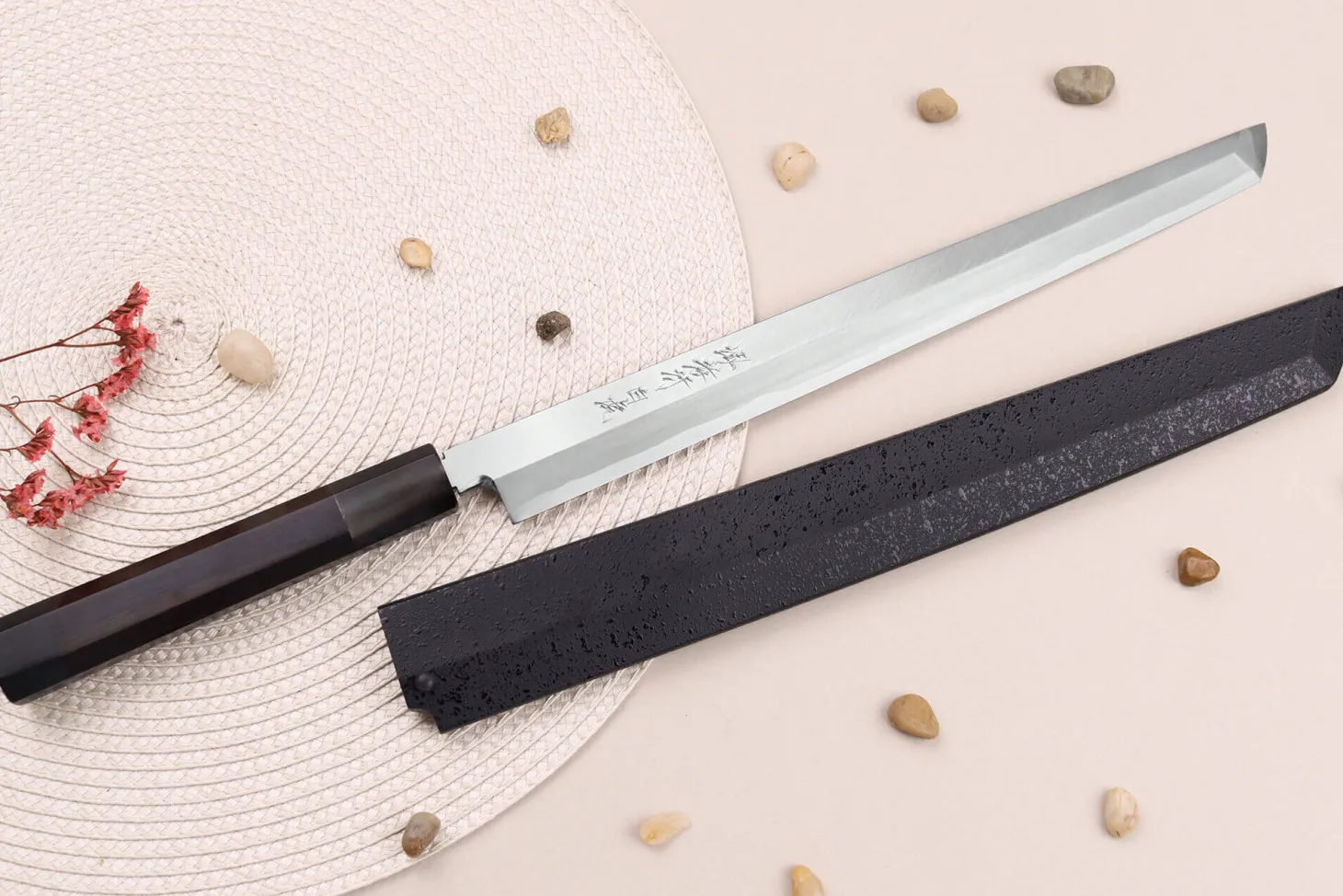 Couteau sakimaru takohiki japonais artisanal 30cm Sakai Takayuki Byakko manche en ébène + étui