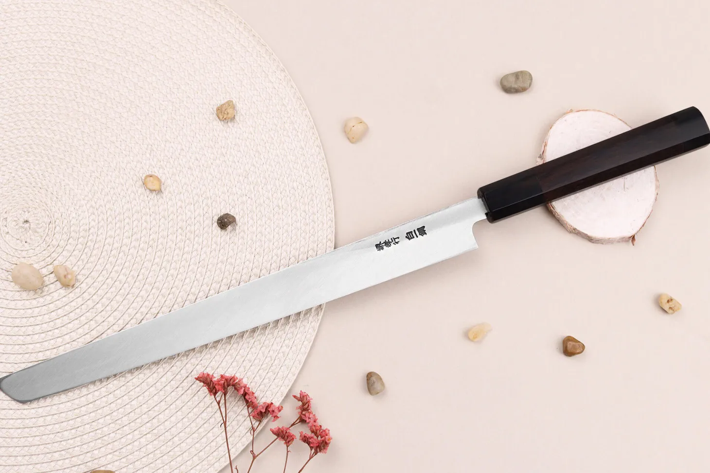 Couteau sakimaru takohiki japonais artisanal 30cm Sakai Takayuki Byakko manche en ébène + étui