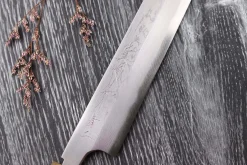 Couteau sakimaru takohiki japonais artisanal Naoki Mazaki Damascus biseauté 27cm corne claire
