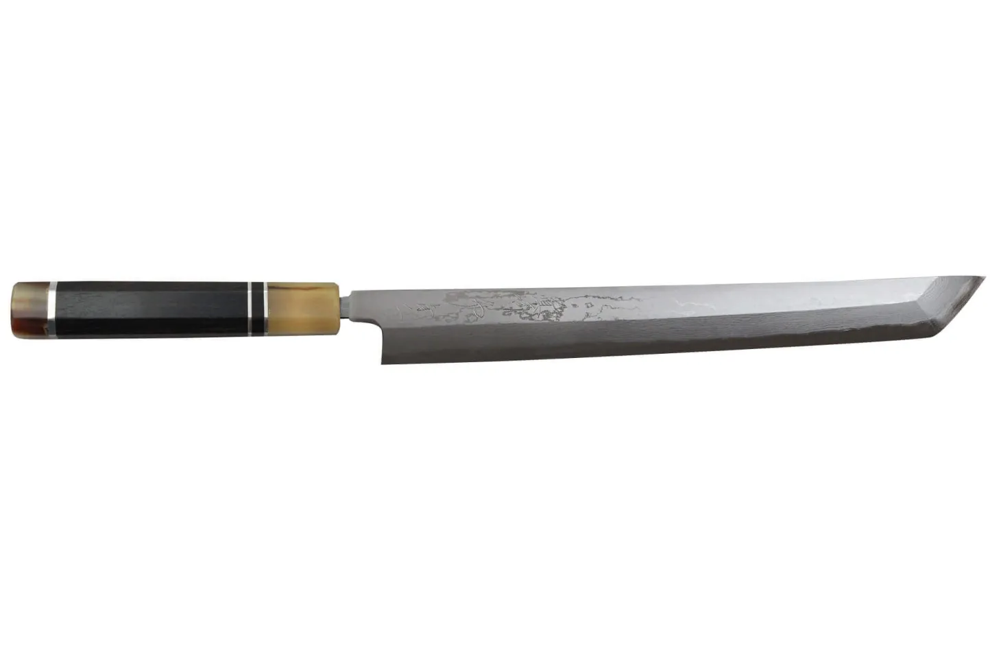 Couteau sakimaru takohiki japonais artisanal Naoki Mazaki Damascus biseauté 27cm corne claire