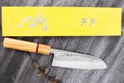 Couteau santoku 16,5cm japonais artisanal Yuzo SLD olivier et sequoia