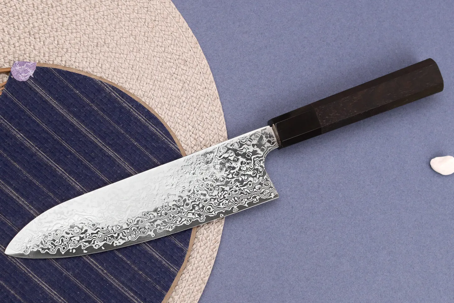 Couteau santoku 18cm japonais artisanal Hatsukokoro Ginga ATS-34 Damas ébène