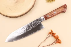 Couteau santoku 17cm japonais Satake Cutlery Brown Pakkawood AUS-8 San Maï Nashiji