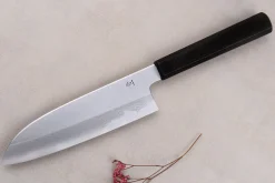 Couteau santoku japonais artisanal Kagekiyo Yoshikazu Tanaka Damas Aogami 18cm