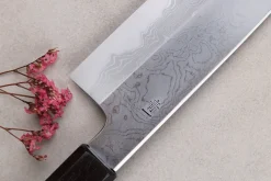 Couteau santoku japonais artisanal Kagekiyo Yoshikazu Tanaka Damas Aogami 18cm