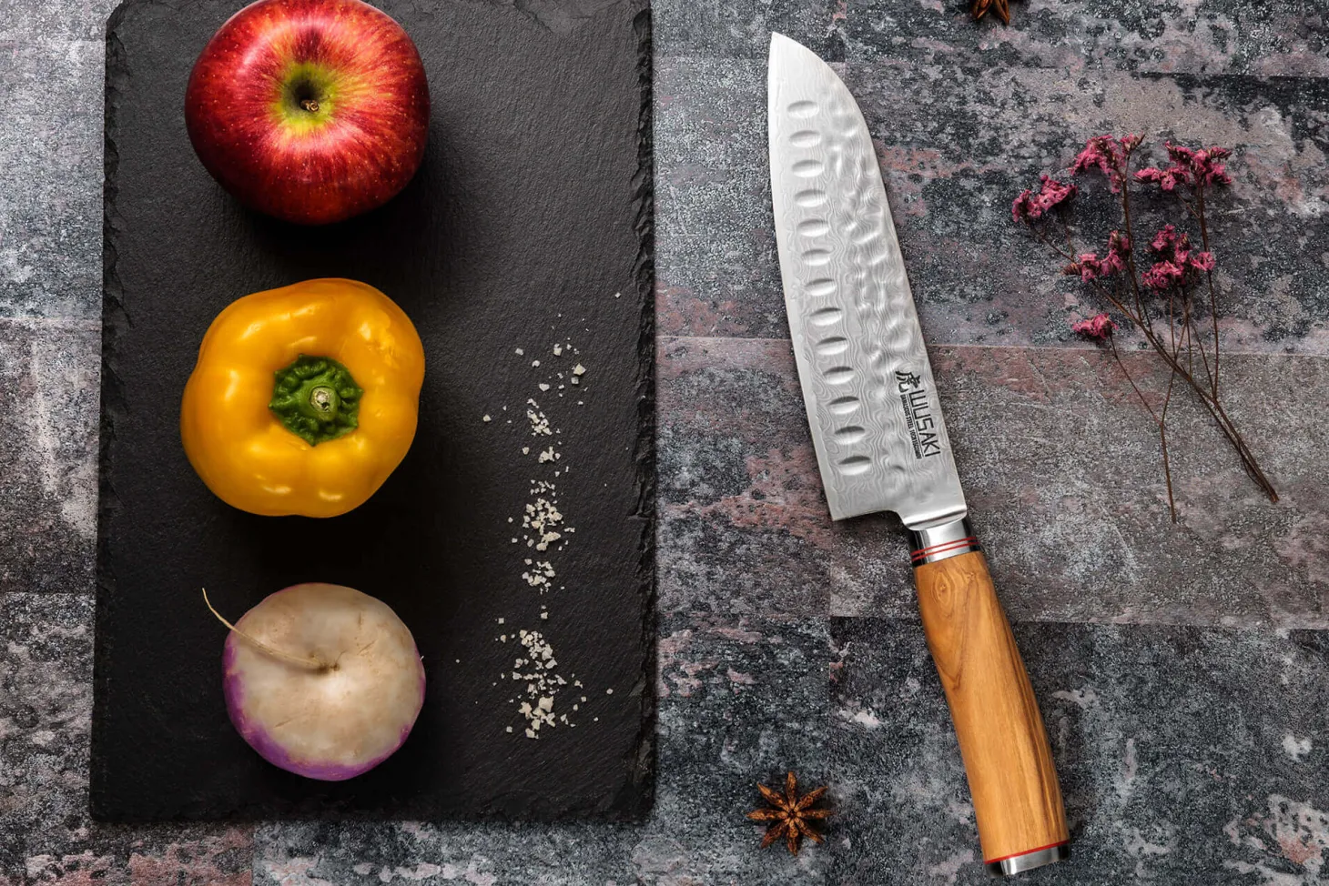 Couteau santoku Wusaki Damas 10Cr alvéolé 18cm manche en olivier