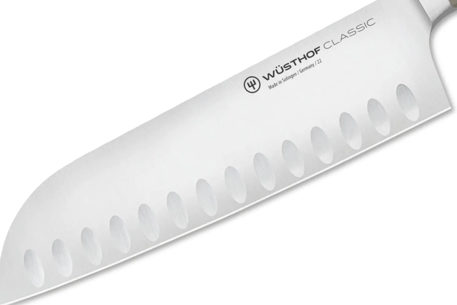 Couteau santoku Wusthof Classic Colour Velvet Oyster forgé lame alvéolée 17cm