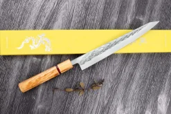 Couteau sujihiki 24cm japonais artisanal Yuzo SLD olivier et sequoia
