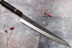 Couteau sujihiki 27cm japonais artisanal Yuzo Black SLD ébène et cognassier