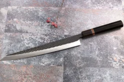 Couteau sujihiki 27cm japonais artisanal Yuzo Black SLD ébène et cognassier