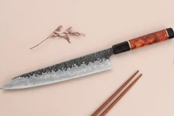 Couteau sujihiki 24cm japonais artisanal Kisuke Manaka Enn en cognassier avec 2 anneaux