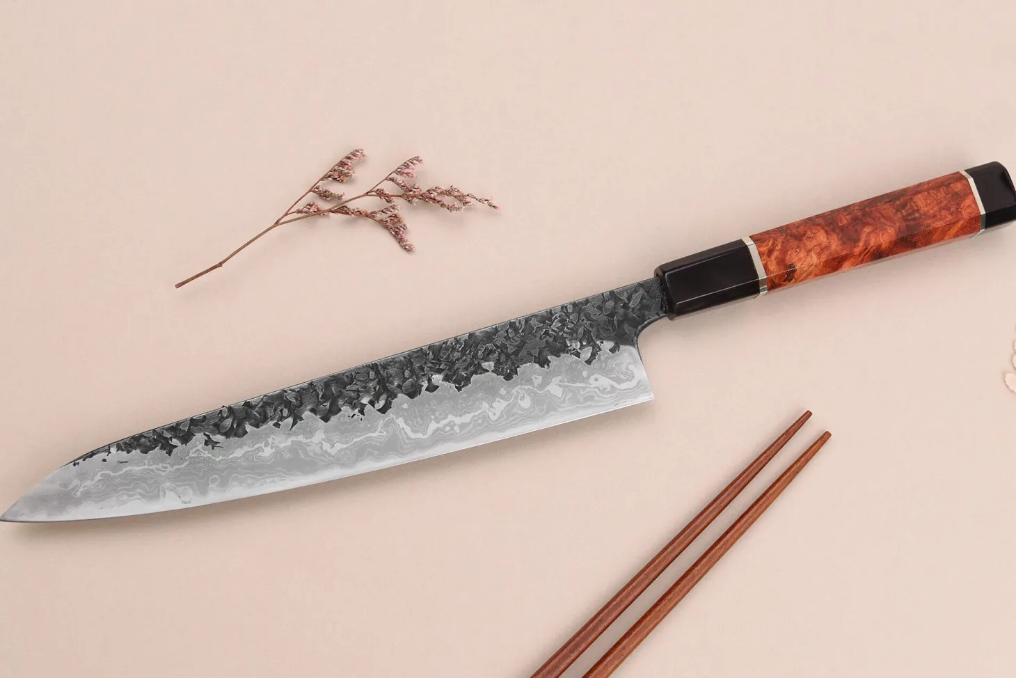 Couteau sujihiki 24cm japonais artisanal Kisuke Manaka Enn en cognassier avec 2 anneaux