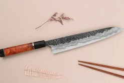 Couteau sujihiki 24cm japonais artisanal Kisuke Manaka Enn en cognassier avec 2 anneaux