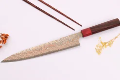 Couteau sujihiki 24cm japonais artisanal Takeshi Saji VG10 Rainbow Nashiji