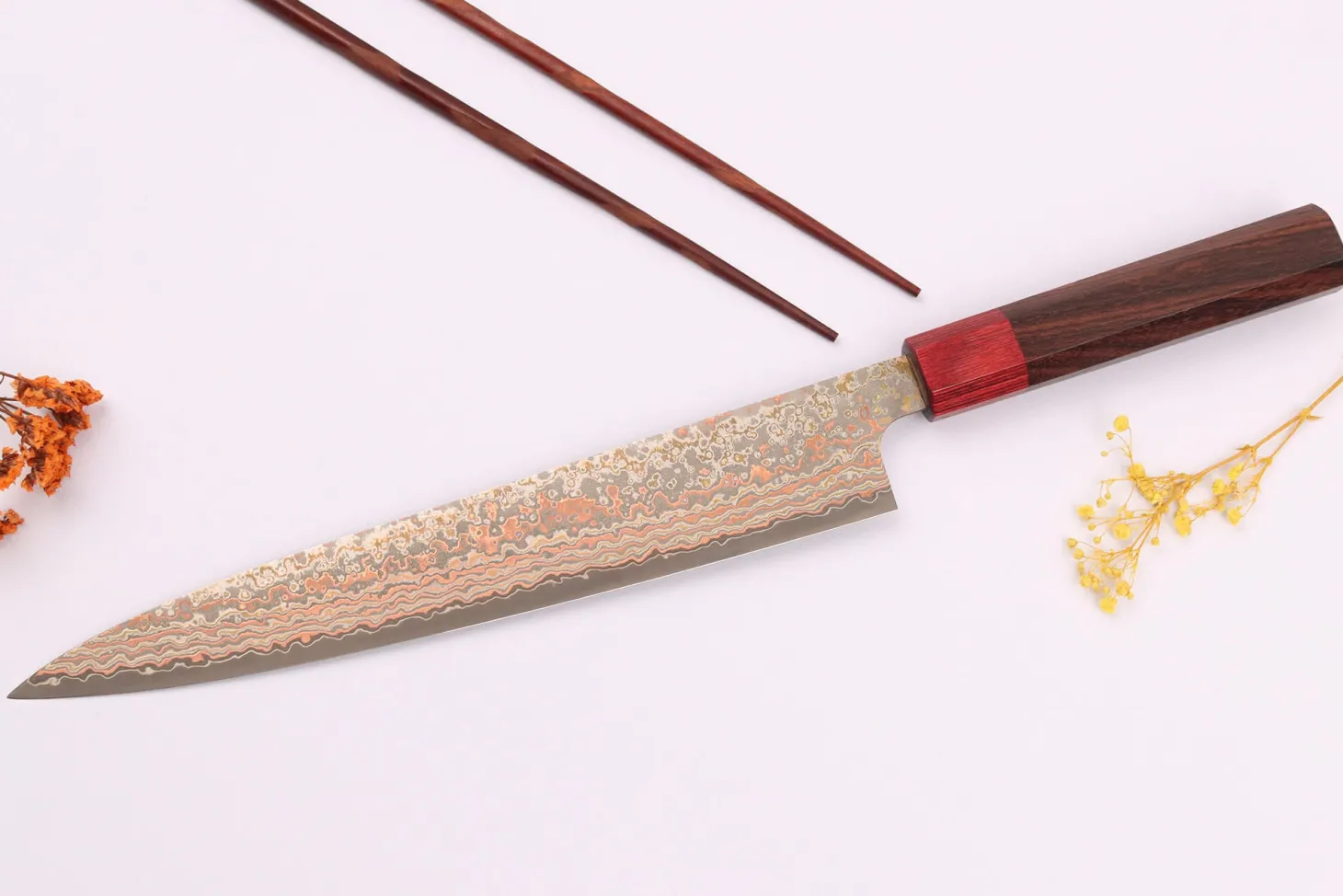 Couteau sujihiki 24cm japonais artisanal Takeshi Saji VG10 Rainbow Nashiji
