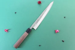 Couteau sujihiki japonais artisanal Wusaki Nakata BS2 24cm manche en noyer