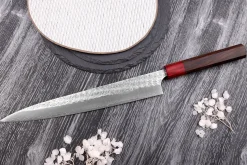 Couteau sujihiki japonais artisanal Yoshimi Kato Minamo SG2 Tsuchime 27cm