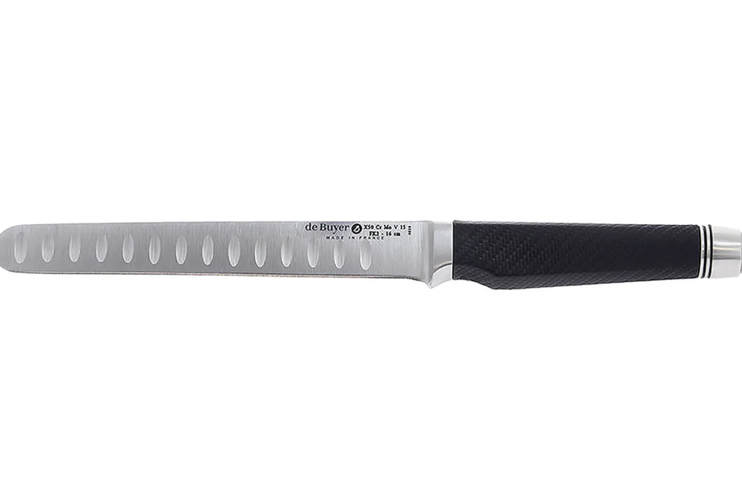 Couteau tranchelard alvéolé flexible De Buyer FK2 16cm équilibrage ajustable inédit