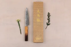 Couteau universel 15cm japonais artisanal Wusaki Yaketa VG10 damas chêne brûlé