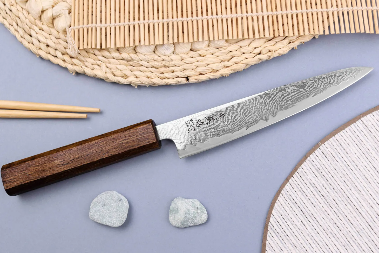 Couteau universel japonais artisanal Wusaki Unagi AUS10 Damas 15cm manche en chêne