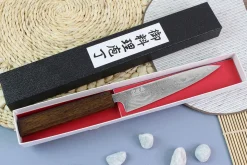 Couteau universel japonais artisanal Wusaki Unagi AUS10 damas 14cm manche chêne