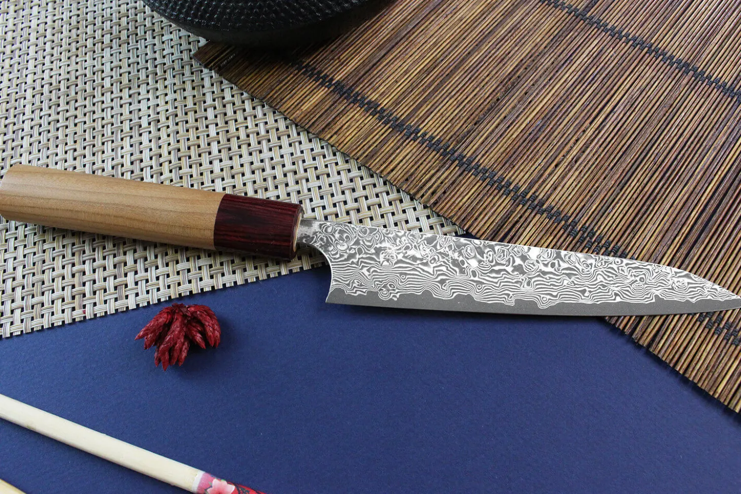 Couteau universel japonais artisanal Yoshimi Kato 15cm VG10 Nickel Damascus cerisier