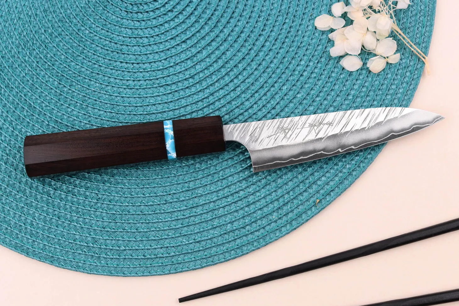 Couteau universel japonais artisanal Yu Kurosaki Fujin 12cm SG2 turquoise