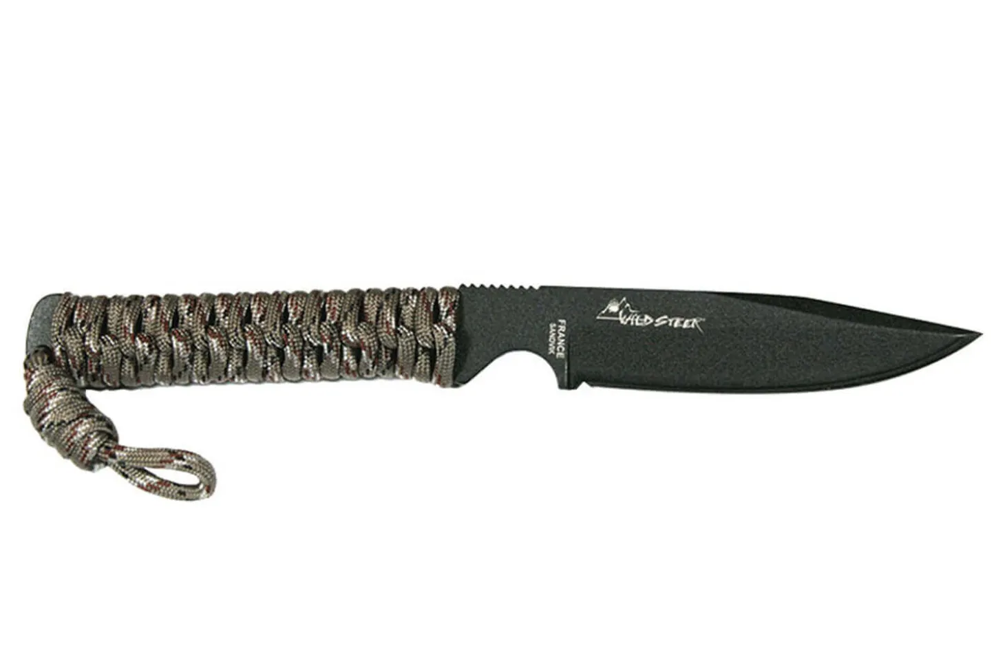 Couteau Wildsteer Wild Tech4 WT43111 lame noire 9cm manche paracorde Désert Camo + étui en POM