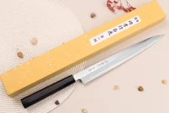 Couteau yanagiba japonais artisanal 27cm Sakai Takayuki Byakko manche en ébène + étui