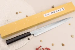 Couteau yanagiba japonais artisanal 30cm Sakai Takayuki Byakko manche en ébène + étui