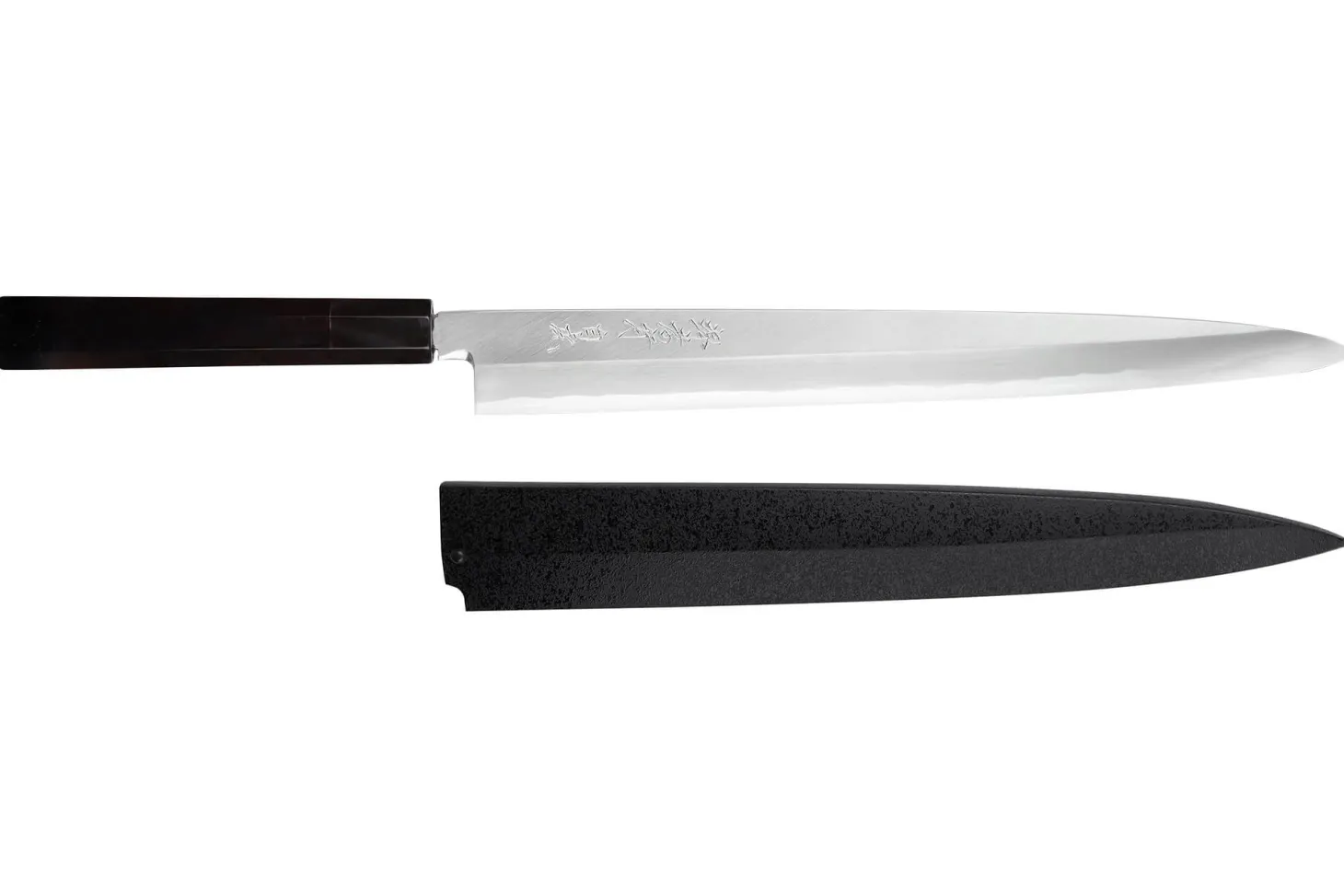 Couteau yanagiba japonais artisanal 33cm Sakai Takayuki Byakko manche en ébène + étui