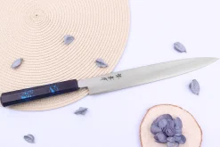 Couteau yanagiba japonais 27cm Sakai Takayuki Nanairo manche en résine laqué bleu