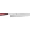 Couteau yanagiba japonais 27cm Sakai Takayuki Nanairo manche en résine laqué rouge