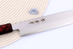 Couteau yanagiba japonais 27cm Sakai Takayuki Nanairo manche en résine laqué rouge