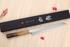 Couteau yanagiba kiritsuke 27cm japonais artisanal Nakamura Kaishin Saku WS2 en chêne