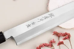 Couteau yanagiba kiritsuke japonais artisanal 30cm Sakai Takayuki Byakko manche en ébène + étui